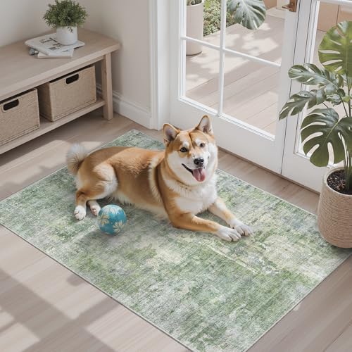 2x3 Abstract Washable Rugs for Kitchen (Green/Ivory / 2' x 3' (Rectangular))