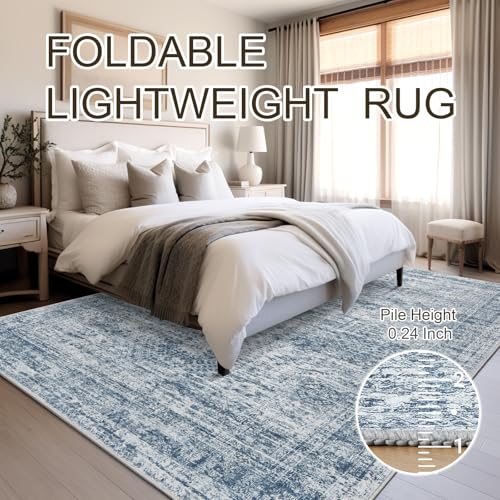 5x7 Area Rugs Blue Low Pile Washable Trendy Faded Style Rug (Blue / 5' x 7' (Rectangular))
