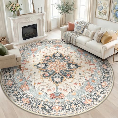 Washable Area Rug (Beige/Blue/Orange / 8' (Round))