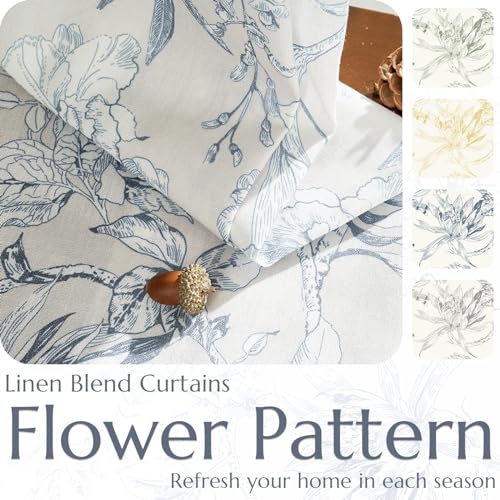 Blue Floral Linen Curtains 96 Inch Vintage Back Tab 2 Panels (Flower Blue on White / 50"W x 96"L (Pack of 2))