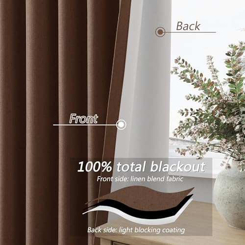 100% Blackout Curtains 72 Inch Length 2 Panels Set for Living Room Bedroom Back Tab Thermal Insulated Black Out Linen Drapes Room Darkening Window Curtains 72 Inches Long (Rustic Brown / 52"W x 72"L (Pack of 2))
