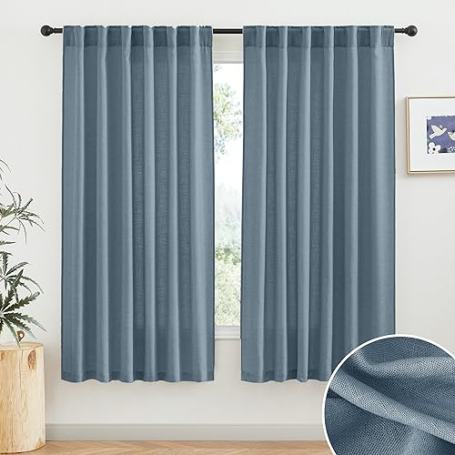 Linen Semi Sheer Curtains 63 inch Length for Living Room Office (Stone Blue / 52"W x 63"L (Pack of 2))
