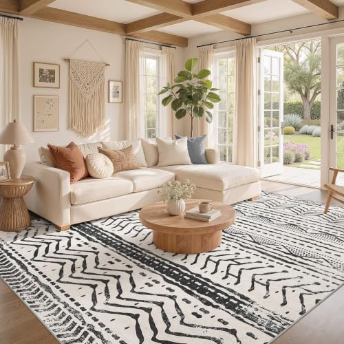 Boho 5x7 Area Rug Living Room Rugs Machine Washable Black (Ivory Black / 5' X 7' (Rectangular))