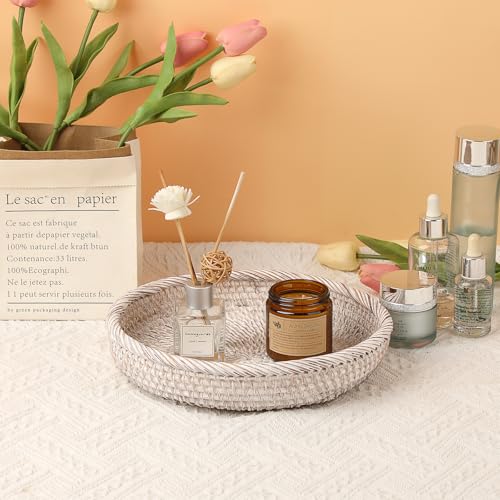 Key Basket Bowl for Entryway 10" Round Woven Wicker Serving Tray (Medium, 9.9" / Whitewash)