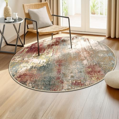 Washable Round 4ft Area Rug for Living Room Rustic Brown (Rust Red/Green/Blue/Multi / 4' (Round))