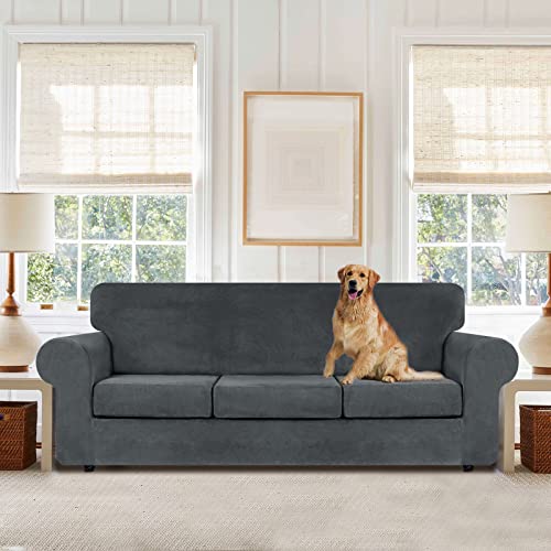 4 Pieces Couch Cover for Sofa Velvet Sofa Covers Washable (Large / Dark Grey)