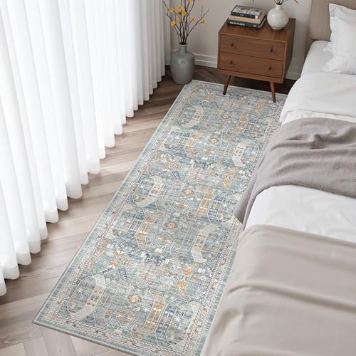Washable Runner Rug 2x6 Runners for Hallways Non Slip (Blue/Gold / 2' x 6' (Runner))