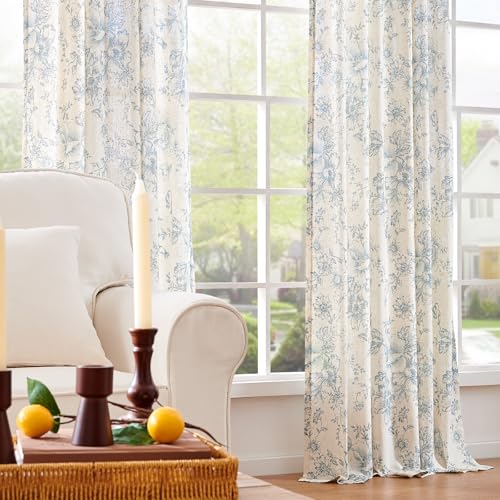 Blue Floral Linen Curtains 84 Long for Living Room 2 Panels (Blue / 50"W x 84"L (Pack of 2))