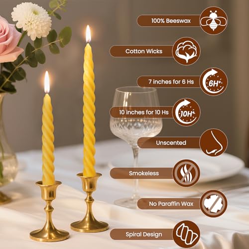 2PCS 10 Inch Pure Beeswax Spiral Taper Candles (Natural Raw / 10")