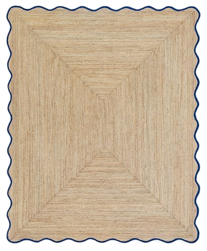 Wave Scalloped Natural Jute Boho Braided Area Rug (Navy / 9'x12' (Rectangular))