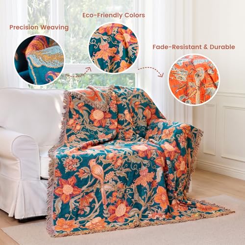 Boho Throw Blanket 50"x60" Cotton Bird Floral Blanket for Couch (Floral and Birds / 50"x60")