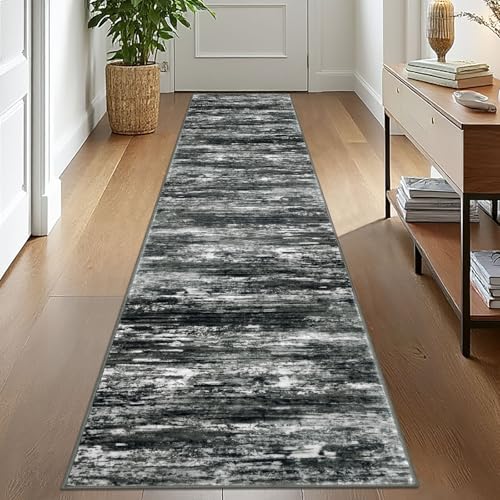 Modern Abstract Hallway Runner (Black White Grey Green / 2' x 10' (Runner))