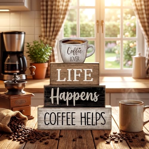 4 Pcs Wooden Coffee Bar Signs Farmhouse Table Decor Blocks (Coffee Lover)