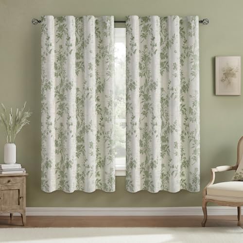 Sage Green Boho Floral 100% Blackout Curtains 72 Inch 2 Panels (Sage Green / 52"W x 72"L (Pack of 2))
