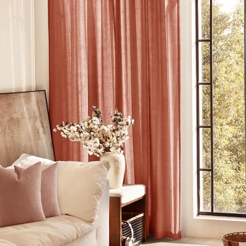92 inch Linen Terracotta Curtains 2 Panels for Living Room Back Tab Light Filtering Semi Sheer Rust Colored Curtains 92 inches Long Soft Thick Cotton Cloth Textured Rustic Boho Farmhouse Room Decor (Terracotta / 52"W x 92"L (Pack of 2))