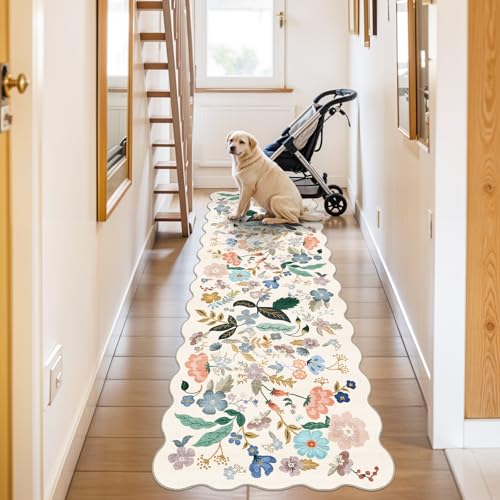 2x10 Washable Hallway Runner Rug (2' x 10' (Rectangular) / Cream/Floral)