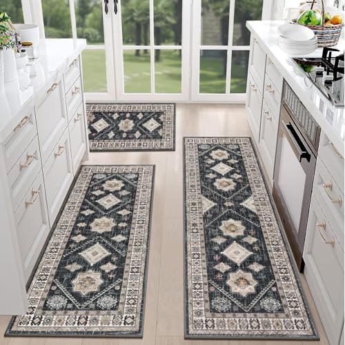 HEBE Boho Kitchen Rugs Set of 3 (Black/Colorful / 20"x32"+20"x48"+20"x59")