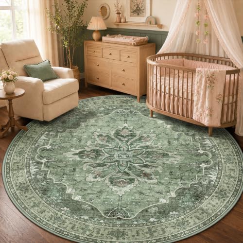 Washable Area Rug (Green/Dark Green/Gray / 5' (Round))
