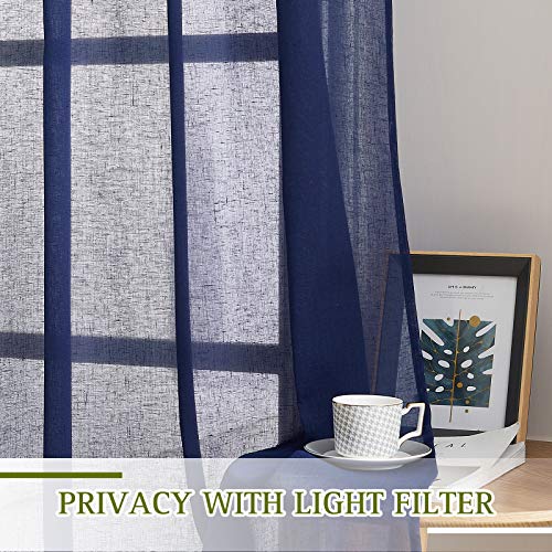 Linen Textured Sheer Curtains 96 inch Long for Living Room (70"W x 96"L (Pack of 2) / Dark Blue)