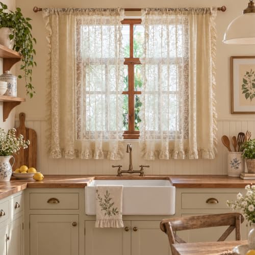 Beige Short Lace Curtains 59 x 54 Inch (59"W x 54"L (Pack of 2) / Beige)
