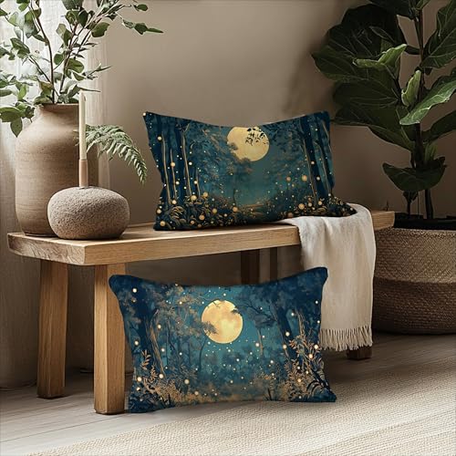 Rustic William Morris Style Night Moon Forest Decor Pillow Covers 20x12 Set of 2 (Forest-black and Gold 31 / 20" x 12" (Pack of 1))