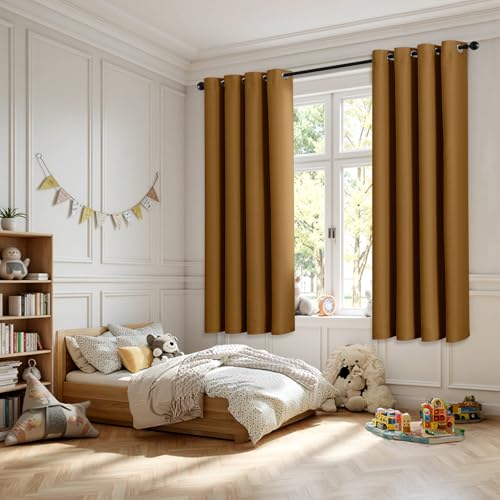 Golden Brown Blackout Bedroom Curtains Drapes 72 Inch Long 52"x72" (Golden Brown / 52"W x 72"L (Pack of 2))