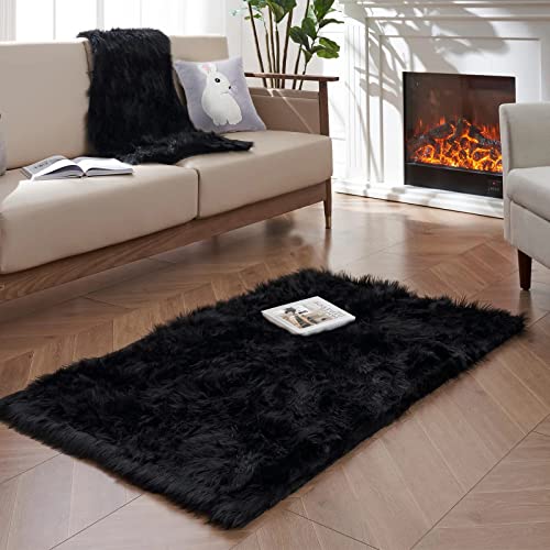 Black Sheepskin Rug 3x5 for Bedroom Black Fluffy Faux Fur Rug Furry Shag Plush Soft Bedside Dorm Décor Rectangle (3' x 5' (Rectangular) / Black)