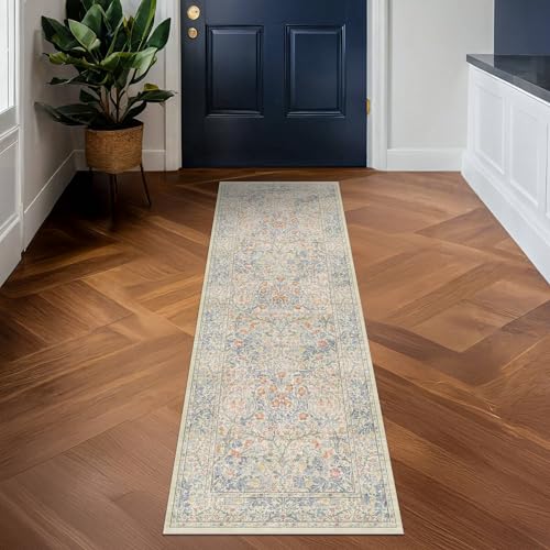 Non Slip Beige Blue Hallway Runner Rug (Beige Blue / 2' x 7' (Runner))