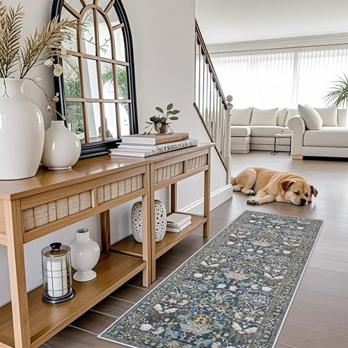 Washable Vintage 2x6 Bathroom Rugs (2' x 6' (Rectangular) / Floral/Blue)