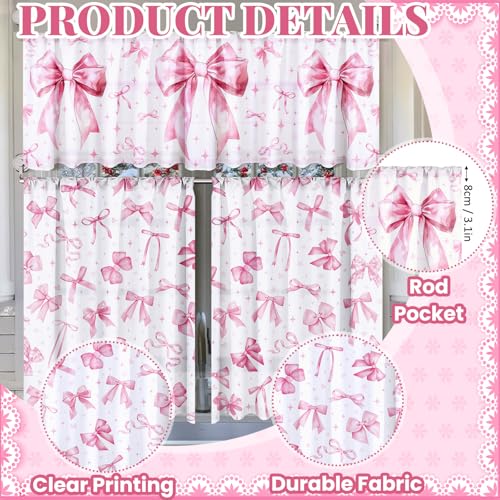 3 Pcs Pink Bow Kitchen Curtains Valances and Tiers Set for Windows Pink Bow Knot Coquette Decor Short Curtain Set for Bedroom Window Treatment Decor Wedding Party Favor Supplies (Pink Bow)