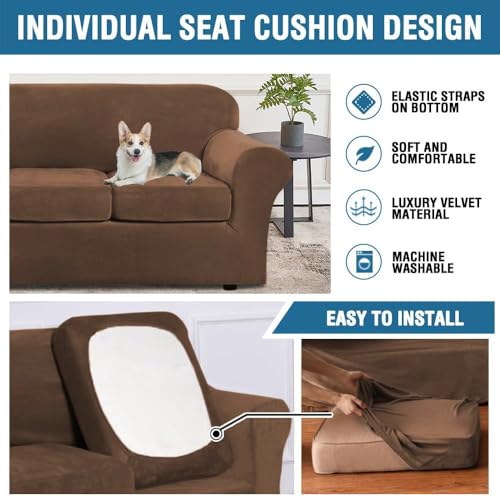 Modern Velvet Plush 4 Piece High Stretch Sofa Slipcover Sofa Cover Furniture Protector Form Fit Luxury Velvet Sofa Cover for 3 Cushion Couch Width Up to 90 Inch (3 Cushion Sofa / Caramel Cafe)