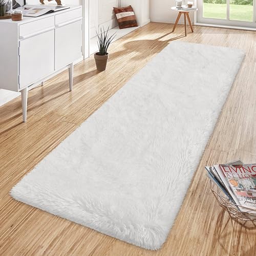 Runner Rug for Bedroom White 2x6ft Fluffy Area Rug Bedside Runner Rug for Kids Room Boys Teens Nursery Baby Living Room Dorm Home Decor Carpets (White / 2' x 6' (Runner))