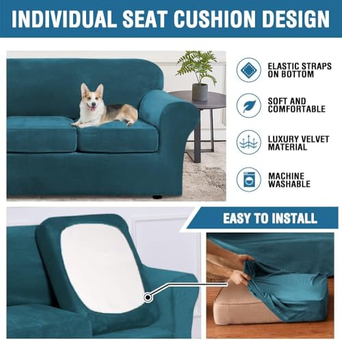 High Stretch Sofa Slipcover 4 Piece Cover Velvet Furniture Protector Form Fit Thick Velvet Extra Large Sofa Cover for 3 Cushion Couch Width Up to 97 Inch (3 Cushion Large Sofa / Deep Teal)