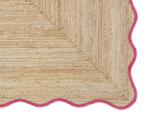 Wave Scalloped Natural Jute Boho Area Rug (Dark Pink / 3'x5' (Rectangular))