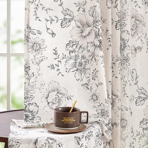 Vintage Floral Linen Curtains 84 Long for Living Room 2 Panels (Black on Beige / 50"W x 84"L (Pack of 2))
