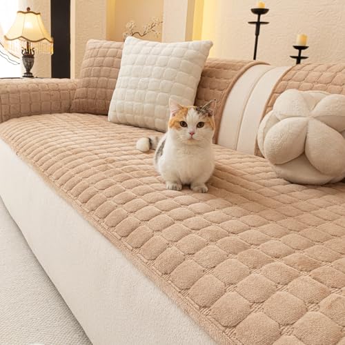 Velvet Sectional Couch Covers for Dogs (Khaki / 1PC/27.6"x94"/3-4 Seat & Long "L" Part)