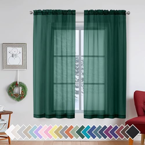 Hunter Green Sheer Curtain Drapes 63 Inch Length 2 Panels for Living Room (40"W x 63"L (Pack of 2) / Hunter Green)