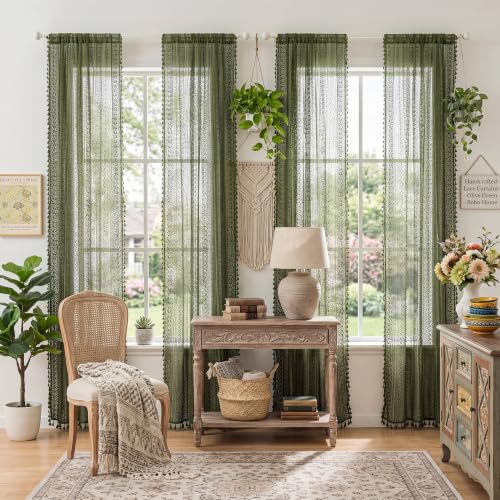 Boho Lace Curtains 84 Inches 2 Panel (59"W x 84"L (Pack of 2) / Dark Olive Green)