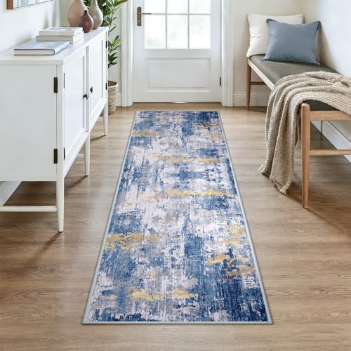 Washable Runner 3'x7' Abstract Area Rug for Hallway Blue Gold (Blue/Gold / 3' x 7' (Runner))