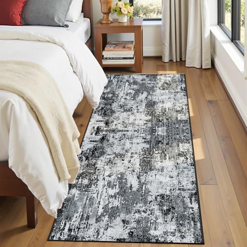 Washable Runner 2'x10' Abstract Area Rug for Hallway Black White (Black/Navy Blue/Gray / 2' x 10' (Runner))