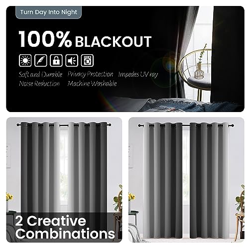 100% Blackout Ombre Bedroom Curtains Black and Greyish White (52"W x 96"L (Pack of 2) / Black With Black Back)