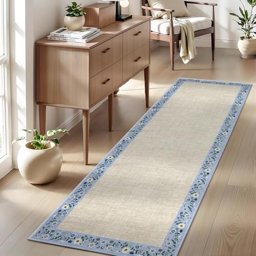 Entryway Rug 2x6 Modern Bordered Runner Rug Washable Kitchen Runners for Hallway Non (Beige/Blue / 2' x 6' (Rectangular))