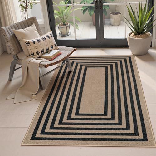 Modern 3x5 Outdoor Patio Rug (3' x 5' (Rectangular) / Nature/Black Border)