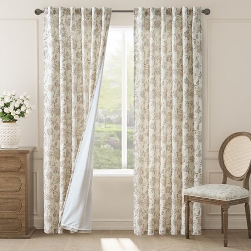Taupe Floral Linen Curtains Lined 84 Inch Cottage Back Tab 2 Panels (*Jacobean Taupe / 50"W x 84"L (Pack of 2))