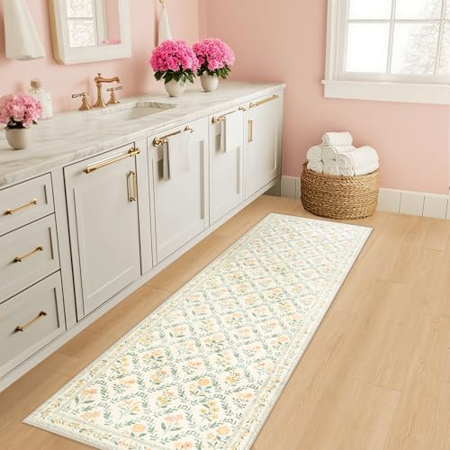 2x6 Washable Runner Rug：Floral Indoor Kitchen Carpet Beige Multi (Beige/Multi / 2' x 6' (Runner))