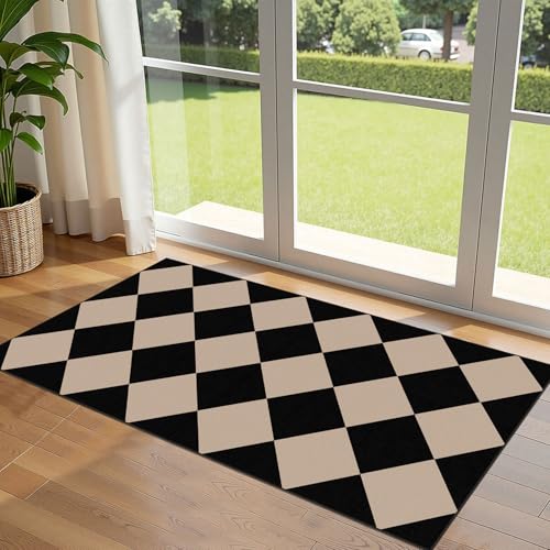 Front Door Mat Indoor Entrance (Diamond - Black / Tan / 2' x 4'3" (Rectangular))