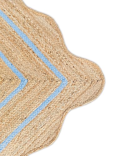 Wave Scalloped Natural Jute Boho Entryway Runner Farmhouse Scallop (Sky Blue / 2'6"x14' (Runner))