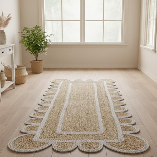 Scalloped Natural Jute Area Rug Handwoven Boho Farmhouse Rug for Living Room (White / 2'6" x 18' (Runner))