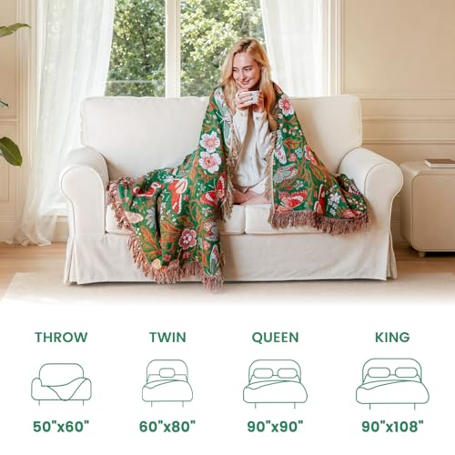 Boho Throw Blanket 50"x60" Fall Cotton Butterfly Floral Blanket (Green Butterfly / 50"x60")