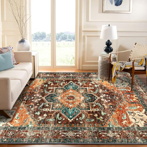 Area Rug 5x7 Non (5' x 7' / Rust/Dull Teal)